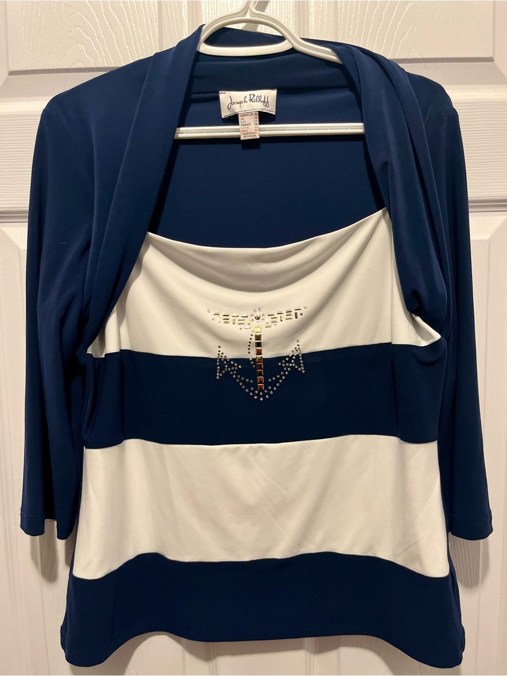 Joseph Ribkoff Striped Top & Attached Navy Bolero Cardigan Anchor Nautical XL 16